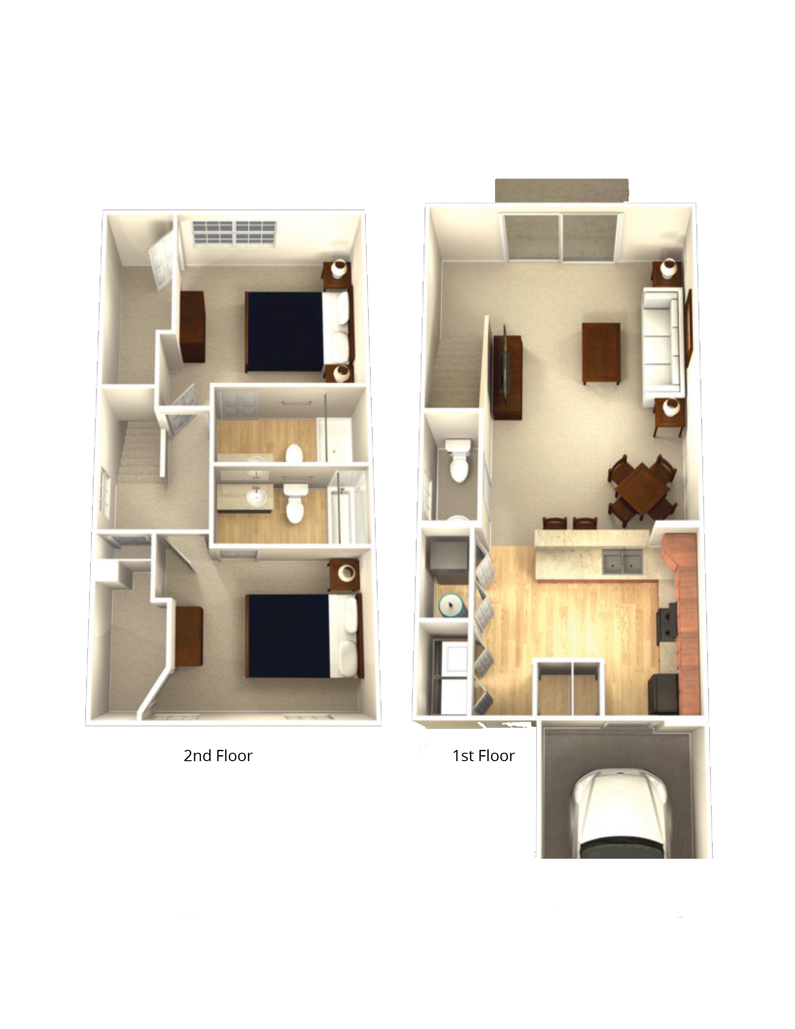 Floor plan for 2 beds, 2.5 baths, 1207 sqft